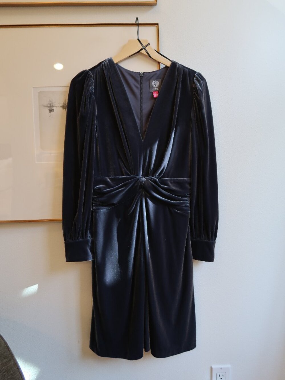 Vince Camuto Twist Front Long Sleeve Velvet Fit & Flare Dress